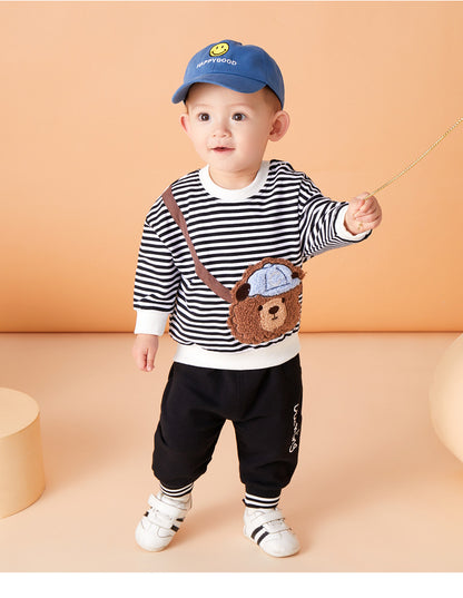 毎日コーデがすぐ決まる 子ども長袖上下セット ボーダートップス くまワッペンデザイン コットン95% ブラック 73~130cm