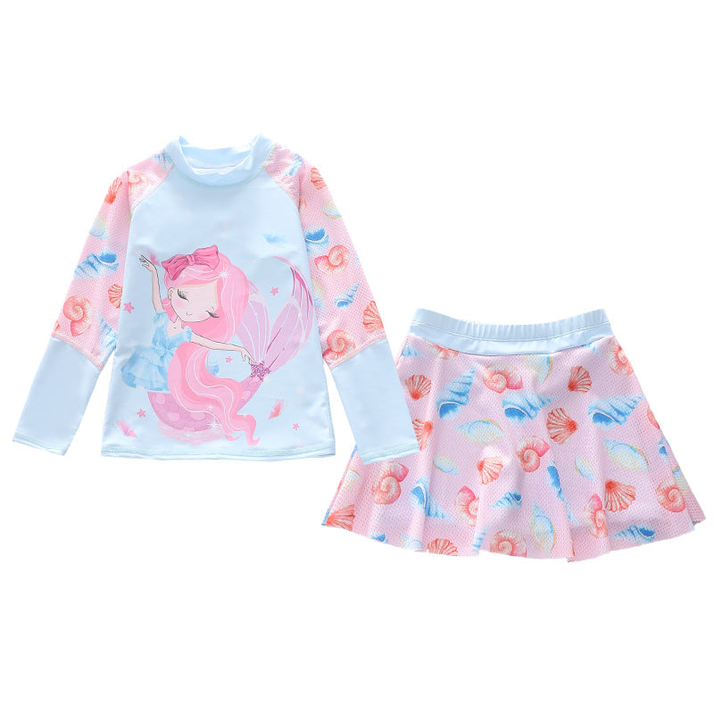キッズ女の子 マーメイド柄 長袖ラッシュガード上下セット スカート付きセパレート UV対策 速乾ポリエステル 3〜13歳