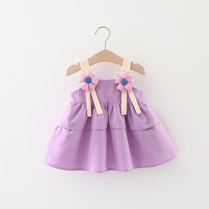 ふんわりティアードとチェック花モチーフが可憐に映える 女の子サスペンダーワンピース コットン素材 73~100cm