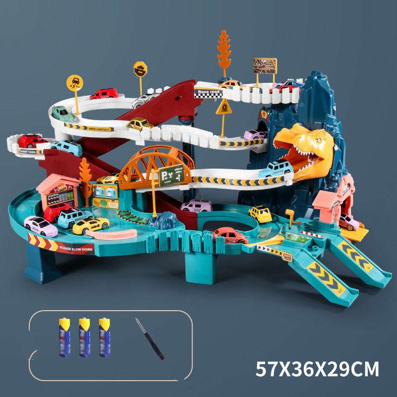 多層タワーからぐるぐるとスロープが伸びる恐竜テーマの立体駐車場おもちゃ
