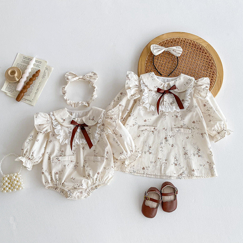 レース襟付き長袖コットンボディースーツ
