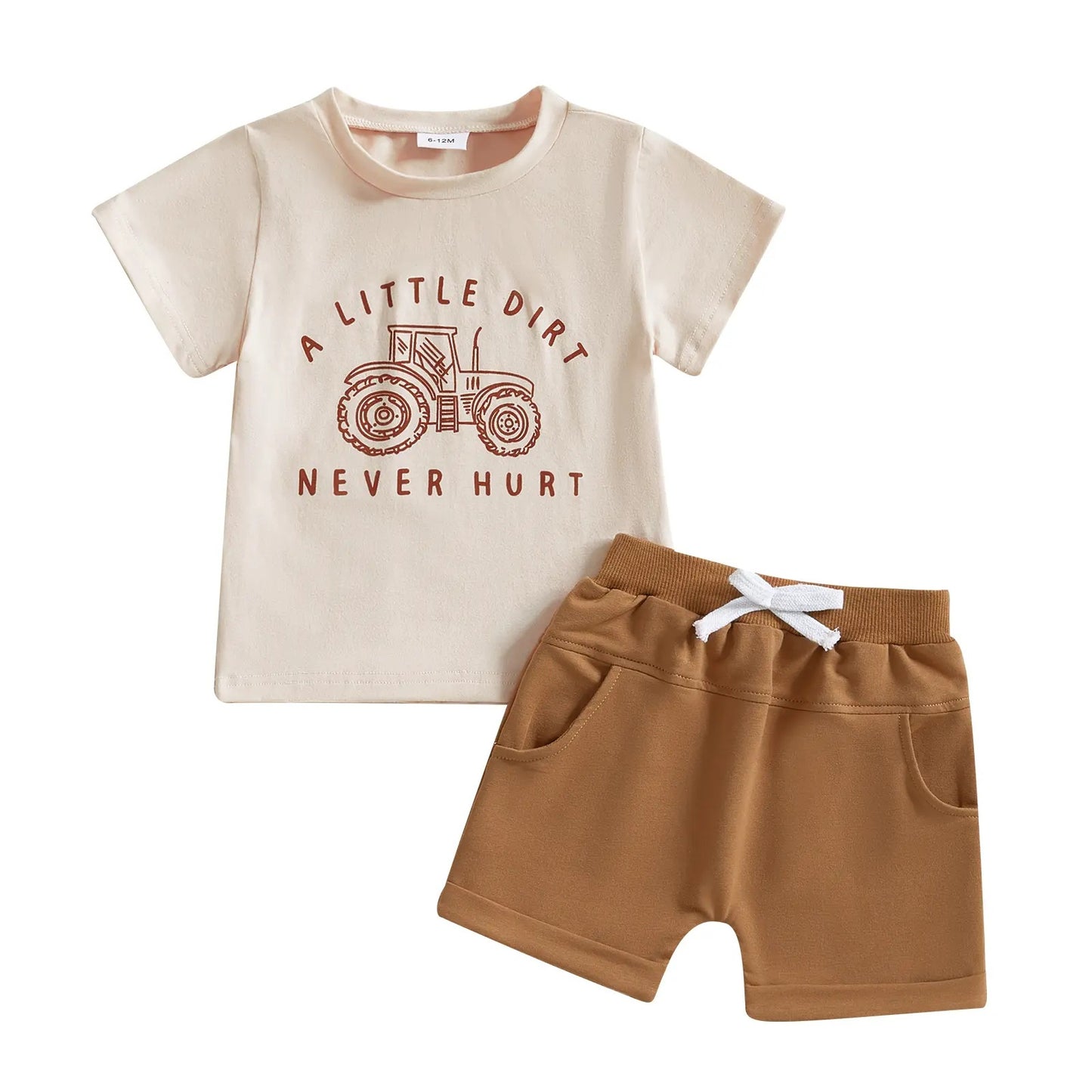 ラウンドネック トラクタープリント 半袖Tシャツ＋ショートパンツ 2点セット（ユニセックス）春夏