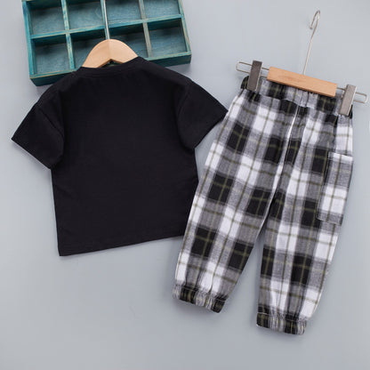 さらっと動きやすい 男の子半袖Tシャツ＆チェックパンツ上下セット くまプリント コットン 80~110cm