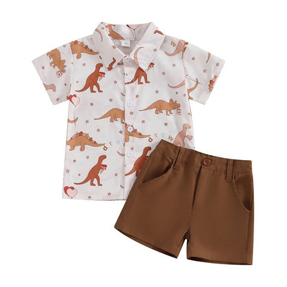 元気に動けてきちんと見えも叶う 男の子半袖シャツ＆恐竜柄デザイン上下セット コットン 80〜120cm