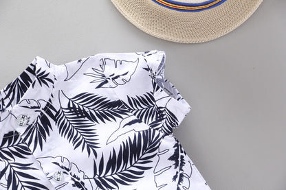 さらっと涼しく夏コーデが完成する 子どもボタニカルリーフ柄シャツ＆ショートパンツセット 韓国風デザイン コットン 80~110cm