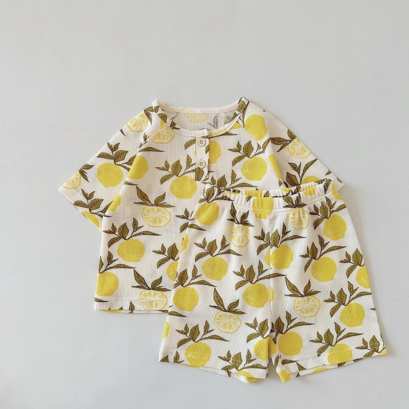 さらっと薄手で夏の寝冷え対策にもやさしい 女の子ベビー半袖ルームウェア上下セット アニマル・レモンプリント コットン 80~130cm