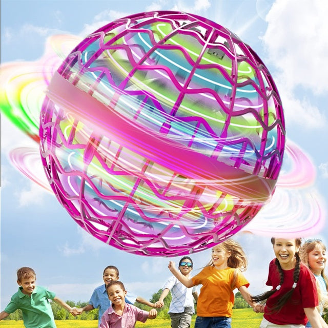 パープルのLEDフライングボール 屋外で光の軌跡が映える飛行イメージ
