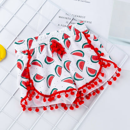 夏のおでかけがもっと可愛くなる 女の子ベビー半袖Tシャツ＆ショートパンツ＆ヘアバンド3点セット スイカ柄 コットン 73~110cm