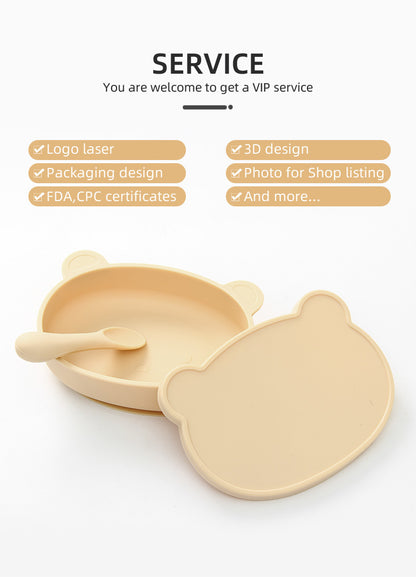 6ヶ月から安心 こぼれにくい自分で食べるを応援 ベビー用くま形シリコン吸盤ボウルセット フタ付き スプーン付き BPAフリー