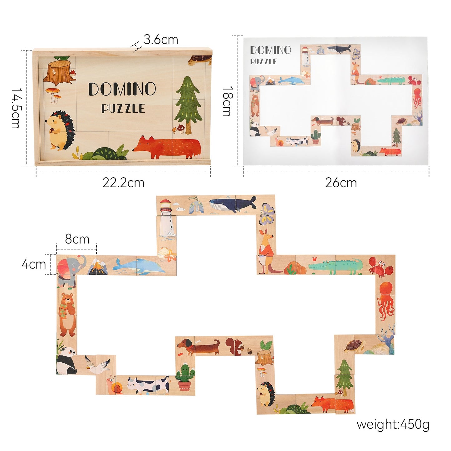 木製「DOMINO PUZZLE」のサイズ案内画像。収納ボックス（約22.2×14.5cm・厚み3.6cm）、ピース（約8×4cm）、組み合わせ例（約26×18cm）と重量450gが表示されている。