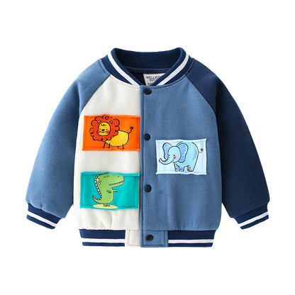 やわらかフリースであたたかく動きやすい 男の子ベースボールジャケット アニマルパッチデザイン コットン混 90〜130cm