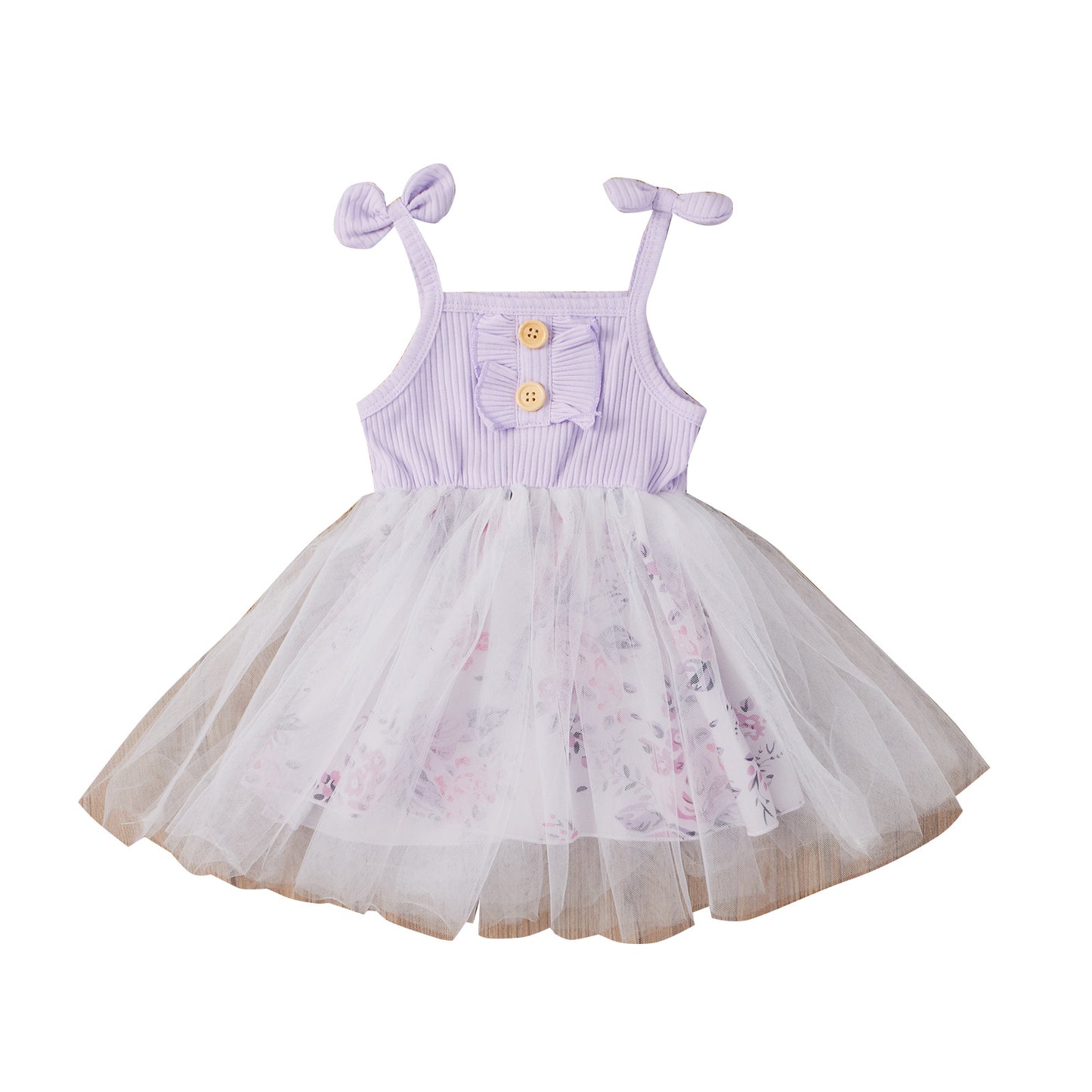 ふんわりチュールでお姫さま気分を楽しめる 女の子ジャンパースカート リボン肩紐＆リブ風トップス 花柄レイヤード コットン 80〜120cm