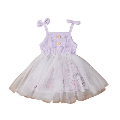 ふんわりチュールでお姫さま気分を楽しめる 女の子ジャンパースカート リボン肩紐＆リブ風トップス 花柄レイヤード コットン 80〜120cm