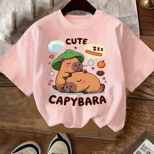 カピバラプリントがかわいい子ども用コットン半袖Tシャツ ピンク系 100cm
