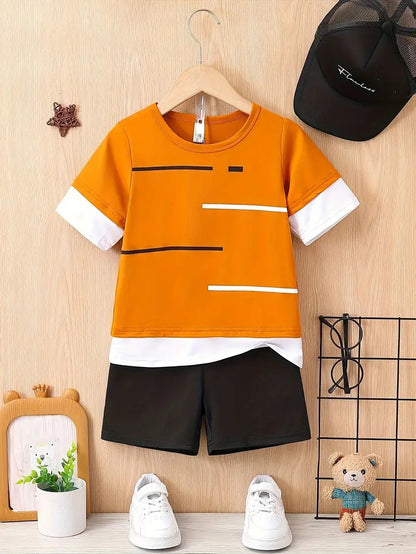 さらっと快適に夏を走れる 男の子スポーティー上下セット 半袖Tシャツ＆ショートパンツ 配色ラインデザイン ポリエステル吸汗仕様 100〜160cm