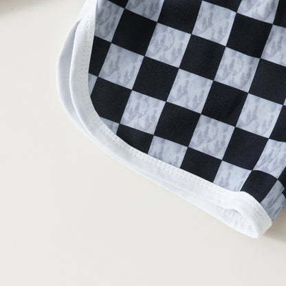 さらりと快適に決まる 男の子上下セット タンクトップ風レタープリントトップス＆チェック柄ショートパンツ ポリエステル 0-6ヶ月〜2-3歳