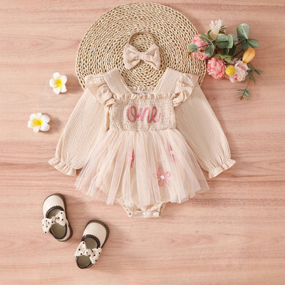 バースデーにふんわり映える 女の子長袖ロンパース チュールスカート重ね one刺繍 コットンニット ピンク・ベージュ・オリーブ 6〜18ヶ月