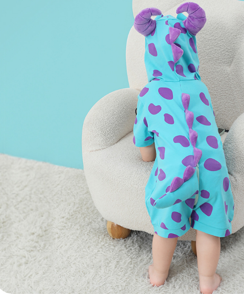 なりきりサリー風が愛らしい 子どもフード付きロンパース モンスター柄 ソフトタッチ 59~80cm