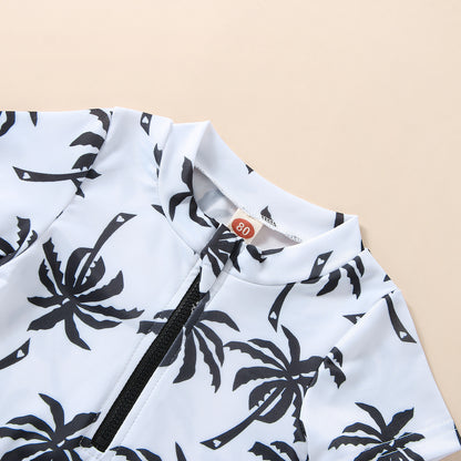 ベビー男の子 ヤシ柄 ジップアップ半袖スイムロンパース＆キャップ2点セット ホワイト 70・80・90・100cm