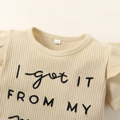 毎日かわいく着まわせる 女の子半袖トップス＆ショートパンツ上下セット レタープリント リブストライプ コットン 9〜12ヶ月〜5〜6歳