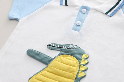 きちんと見えで動きやすい 男の子ポロシャツセットアップ アニマルカートゥーン 刺繍アップリケ コットン 80〜130cm