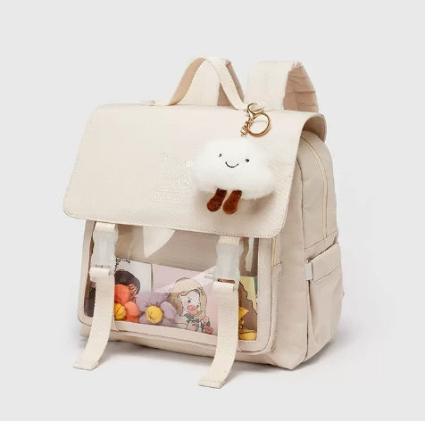 【13インチPC対応】防水ナイロン通学バックパック 30×14×29cm｜フラップ×ファスナーで中身が整うスクエアリュック（オフホワイト）