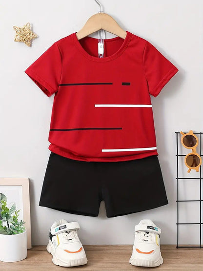 さらっと快適に夏を走れる 男の子スポーティー上下セット 半袖Tシャツ＆ショートパンツ 配色ラインデザイン ポリエステル吸汗仕様 100〜160cm