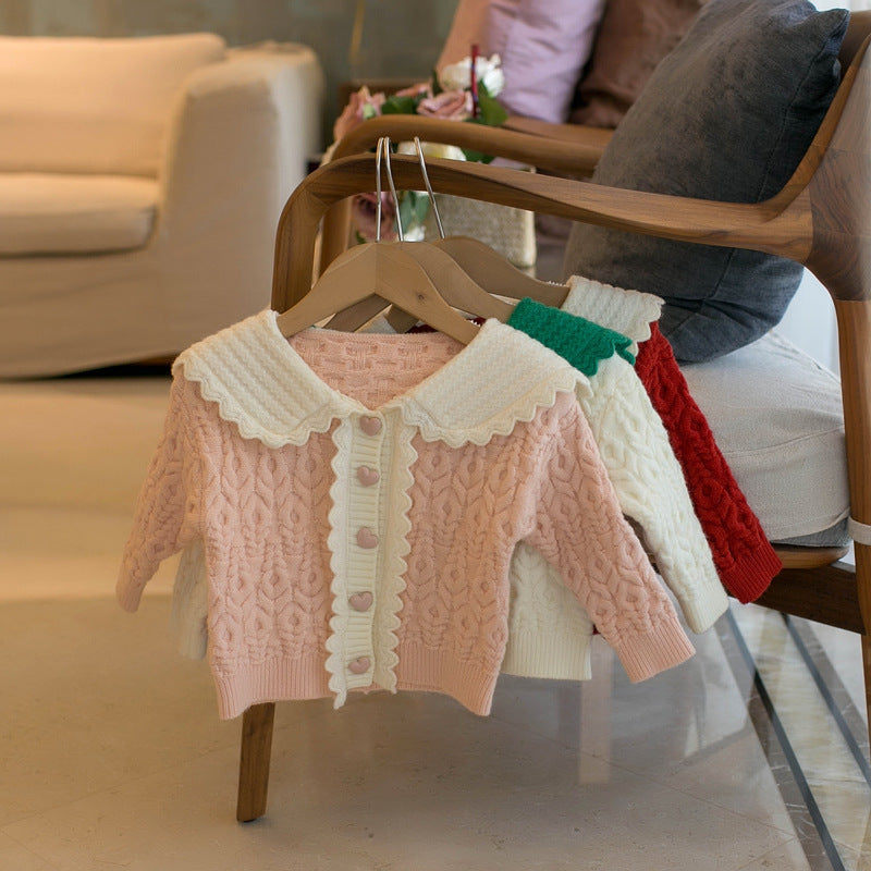 韓国風ベビー襟付きカーディガン ピンクカラー
