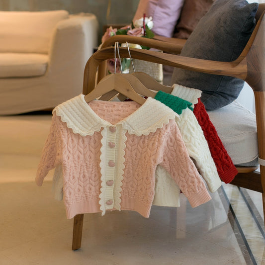 韓国風ベビー襟付きカーディガン ピンクカラー
