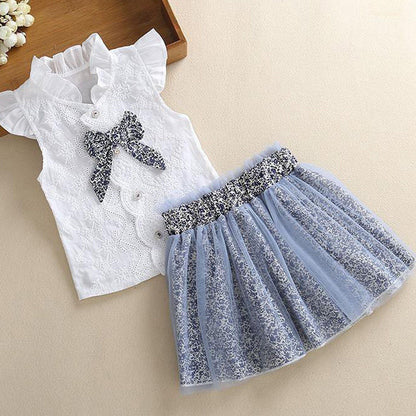 ふんわり花柄とリボンが上品に映える 女の子シフォン風ノースリーブトップス＆フレアスカートセット コットン混素材 90~130cm