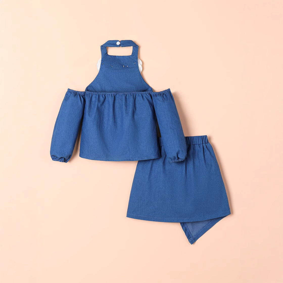 立体フラワーで上品に映える 女の子トップス＆スカートセット ブルー無地デザイン コットン素材 2〜7歳