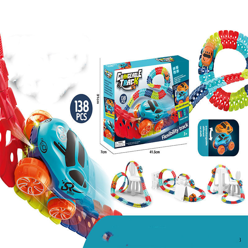 138ピースの大きなコースレイアウトと電動カー複数台およびパッケージが写ったイメージ写真
