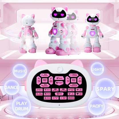 RGB呼吸ライトが点灯した未来的デザインの子どもロボット
