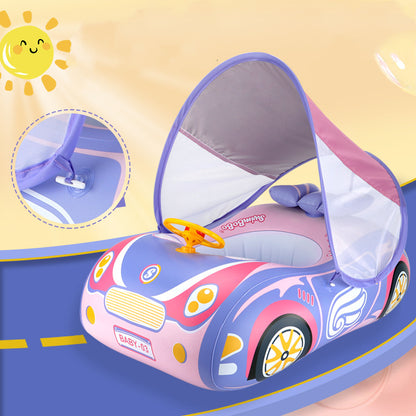 サンシェード付きベビー浮き輪 車デザイン ステアリング回転＆ホーン付き 1〜4歳 10〜20kg対応（ブルー・ピンク）