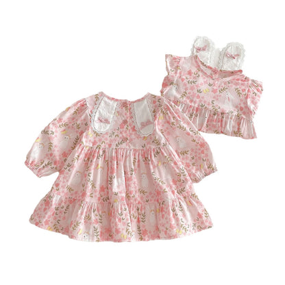 ふんわり花柄とうさぎプリントで春秋コーデが華やぐ 女の子ワンピース＆ロンパースセット コットン 66~120cm