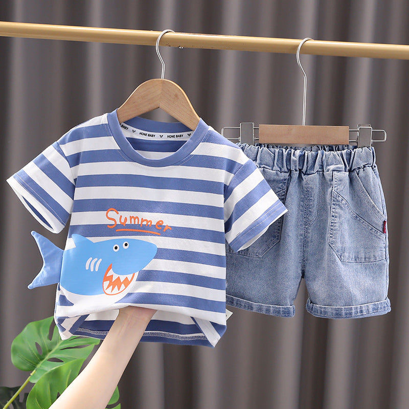 さらっと快適に動ける 男の子夏用半袖Tシャツ＆ショートパンツ上下セット ボーダー×サメプリント コットン素材 80~120cm