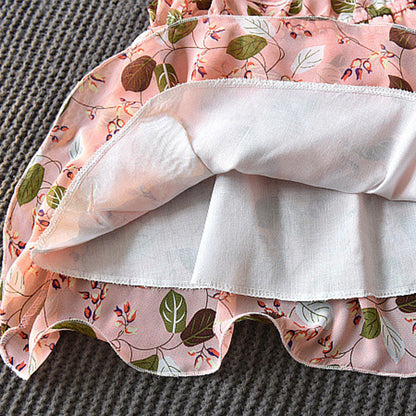 涼やかリーフ柄で夏のおでかけが映える 女の子ノースリーブワンピース シフォン風プリント 韓国風 ピンク・イエロー 100~140cm