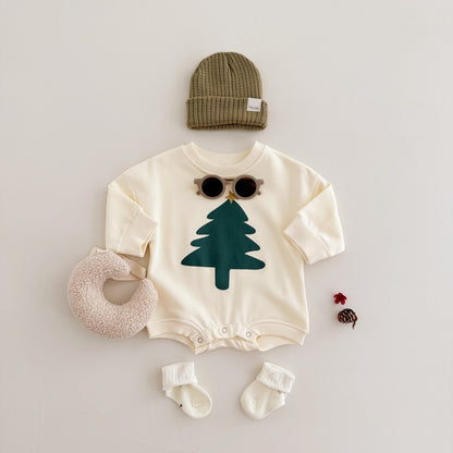 クリスマスツリープリントのベビーニットボディスーツを平置きした写真
