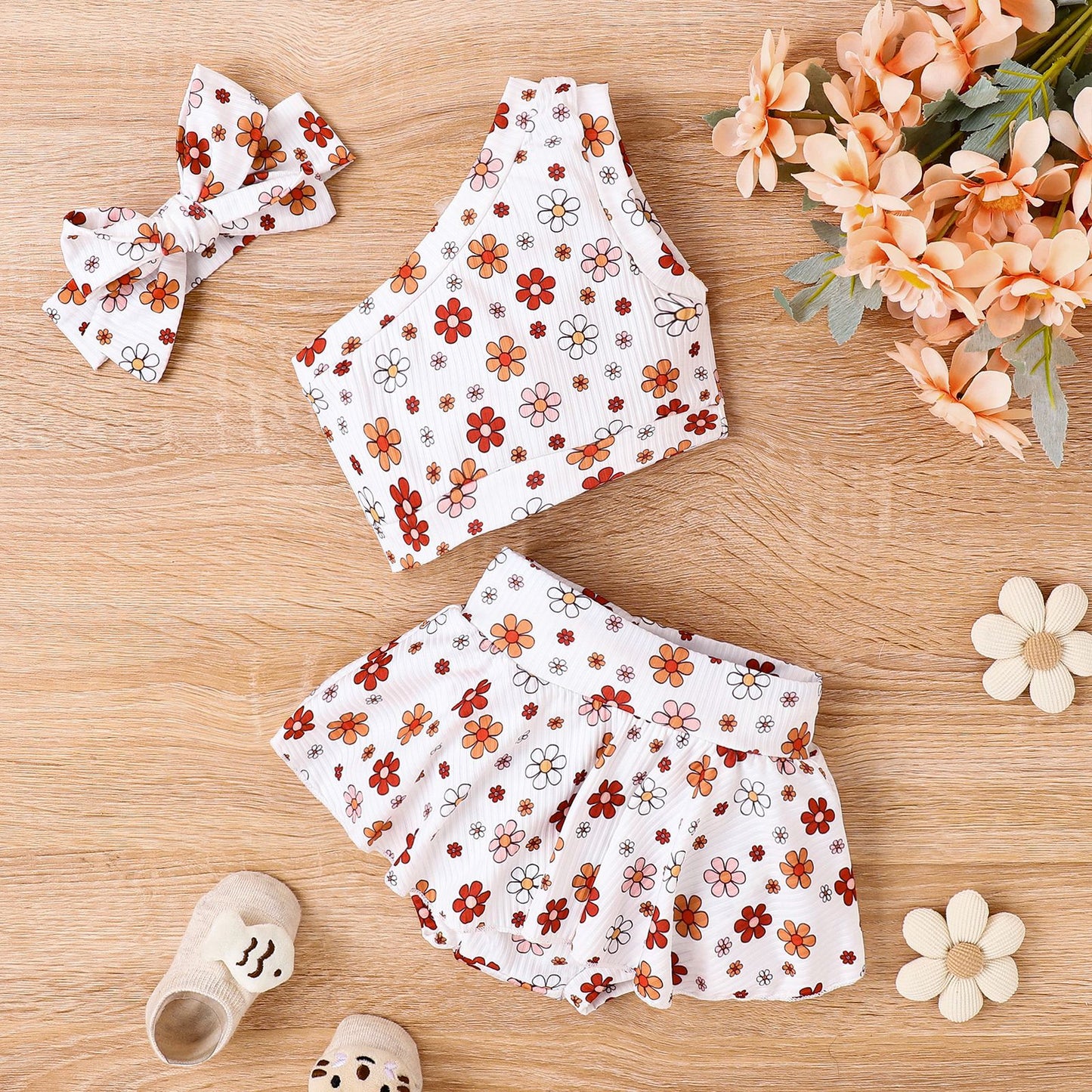 夏のおでかけが華やぐ 女の子花柄ワンショルダートップス＆キュロットスカート＆ヘアバンド 3点セット ポリエステル 70~100cm