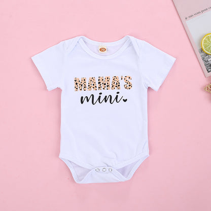 きゅんと映えるリンクコーデが完成する 女の子半袖ロンパース＆レオパード柄ロングパンツ＆ヘアバンド3点セット レタープリント コットン 70~100cm