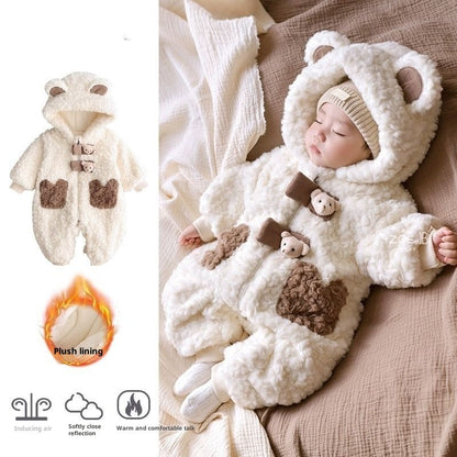 アプリコットカラーのふわふわベビーロンパース全身デザイン
