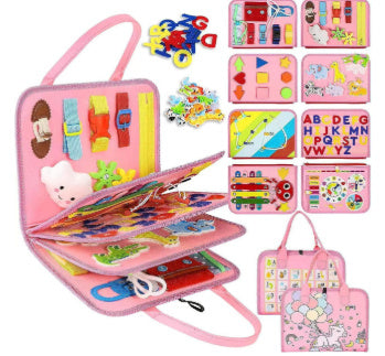 ピンクのモンテッソーリビジーボードバッグ、多層アクティビティと知育パーツが見える幼児向け学習セット  
