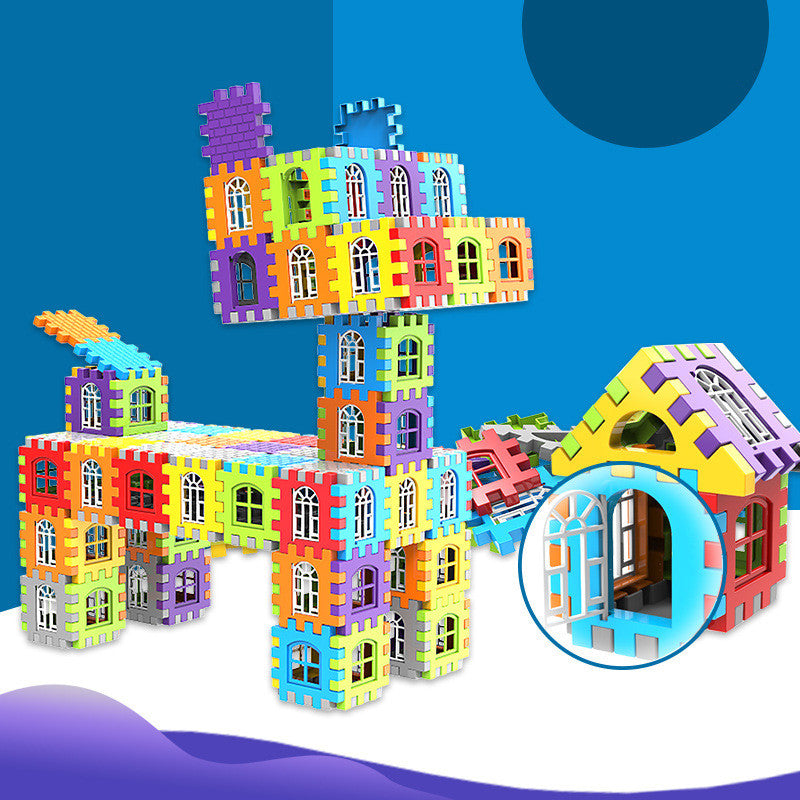 大粒ブロックで作った高いタワーと動物モデル、横に並んだ収納ボックスを背景付きで配置した遊びイメージ
