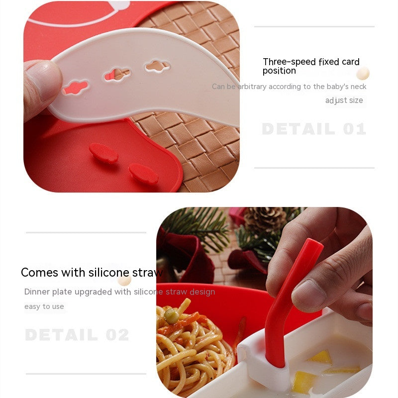吸盤付き クリスマスハット シリコンベビー食器セット 6ヶ月以上｜304ステンレススプーン・フォーク＆調節ビブ BPAフリー 電子レンジ・食洗機対応
