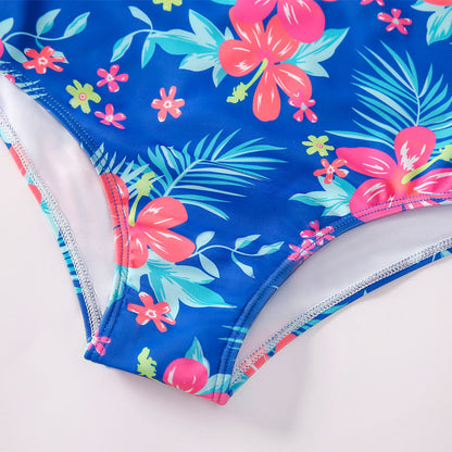 女の子 長袖ワンピース水着 トロピカル花柄 ネイビー系 ボタニカルプリント 速乾ポリエステル 100cm・110cm・120cm・130cm・140cm・150cm