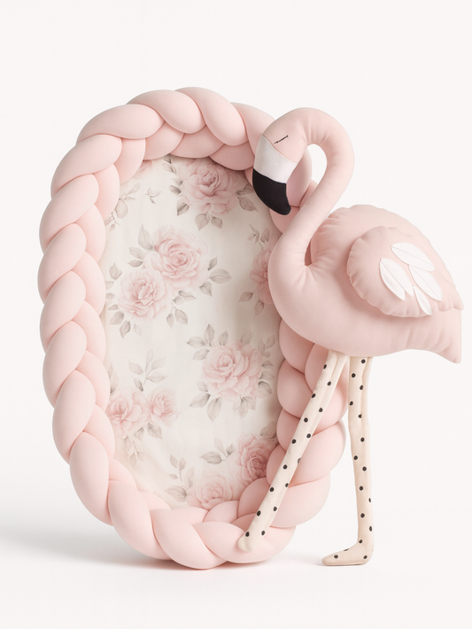 ポータブル三つ編みベビーネストに眠る赤ちゃんの画像（新生児寝具）
