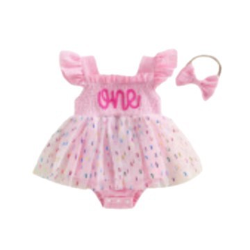 ふんわりチュールで写真映えする 女の子ベビーメッシュロンパース one刺しゅう ボウヘアバンド付き コットン 6〜18ヶ月