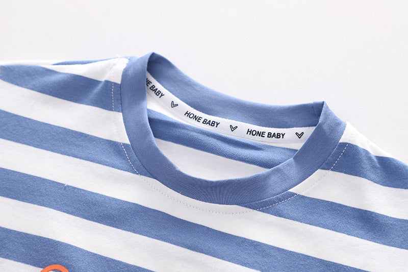 さらっと快適に動ける 男の子夏用半袖Tシャツ＆ショートパンツ上下セット ボーダー×サメプリント コットン素材 80~120cm