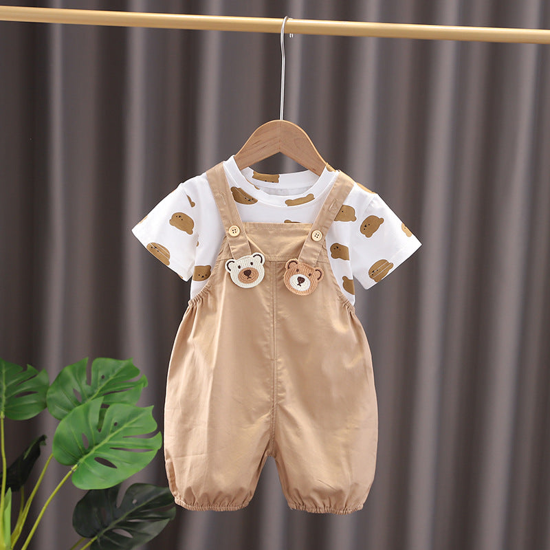 兄弟リンクコーデが叶う 子ども半袖Tシャツ＆くま柄サロペット/ジャンパースカート 2点セット コットン 80~120cm