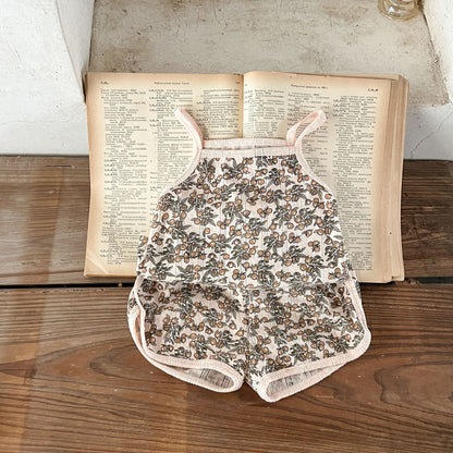 さらっと薄手で夏に涼しい 子どもキャミソールパジャマ上下セット デンマーク風フラワー&カートゥーン柄 コットン 66~100cm